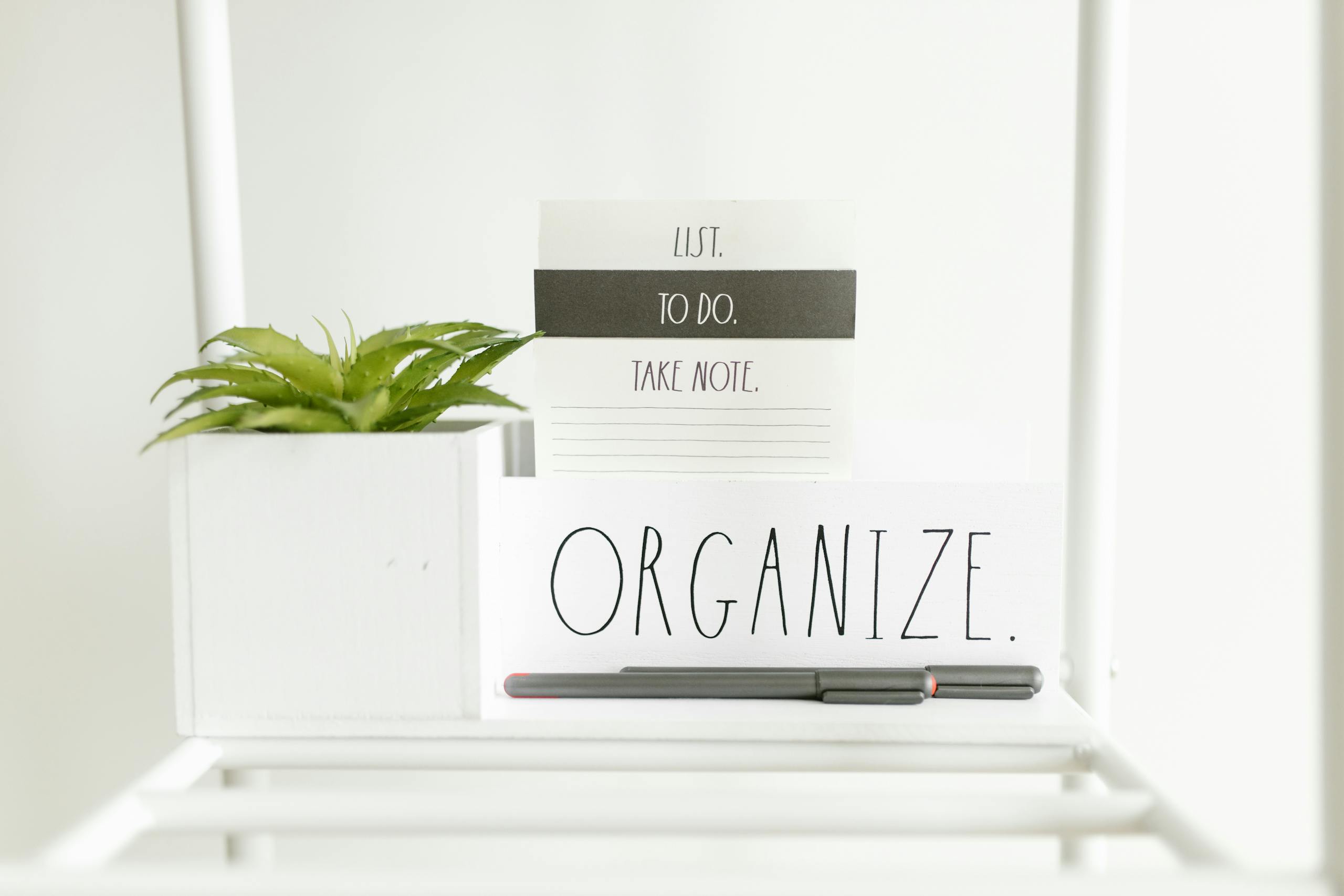 A minimalist setup featuring a to-do list, plant, and pens for organized productivity.